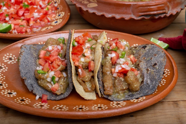 그린 소스 타코의 Chicharrones 전형적인 멕시코 음식