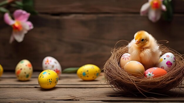 Chick bird nest and painted easter eggs Shallow depth of field Concept of happy easter day