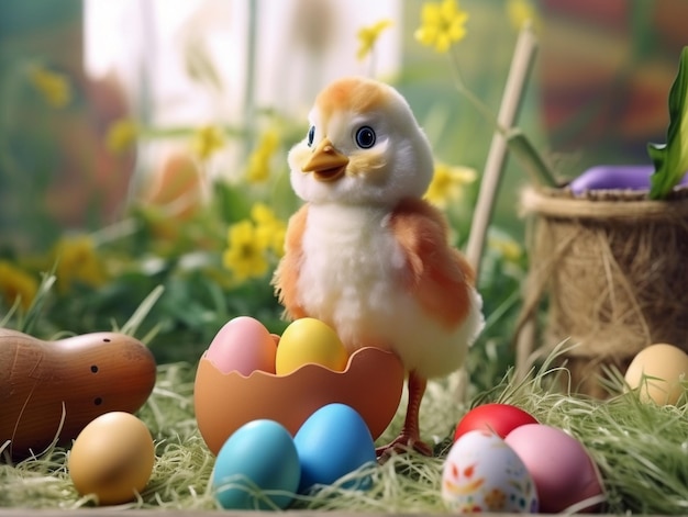 Chick and colorful easter eggs Shallow depth of field Concept happy easter day