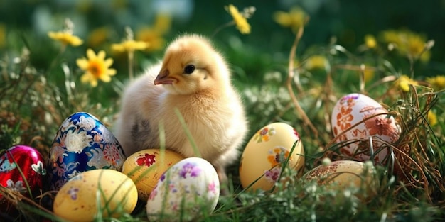 Chick and easter eggs on the grasses Shallow depth of field Concept happy easter day