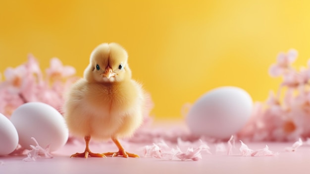 Photo chick next to easter eggs with spring flowers