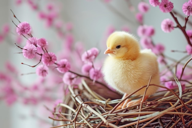 chick in nest against pink blossoming branches