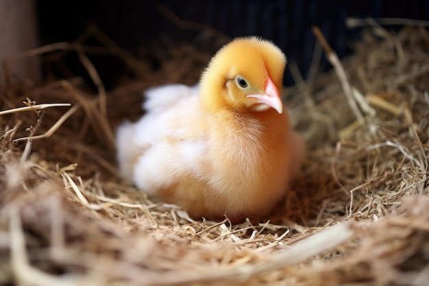 Photo a chick nested comfortably in a chickens wing feathers