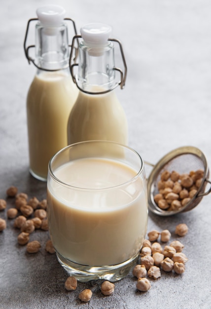 Chick peas milk with chick peas on the table