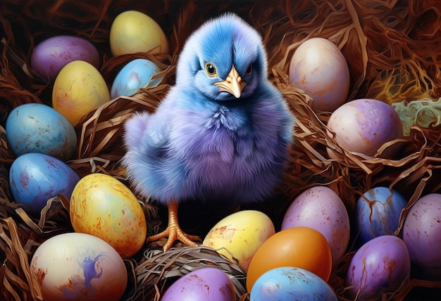 the chick sits next to purple easter eggs