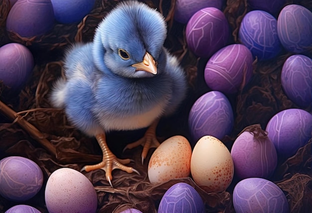 the chick sits next to purple easter eggs