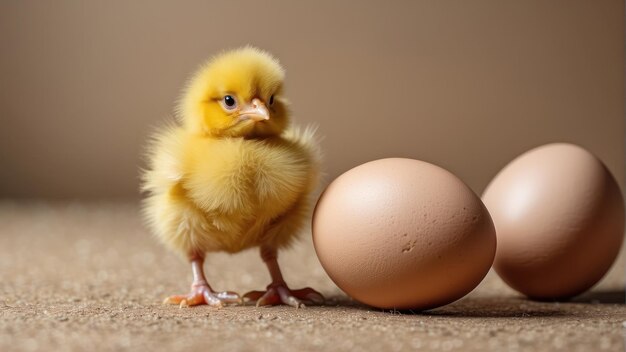 Chick standing next to eggs on ground