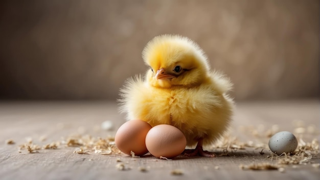 Chick standing next to eggs on ground