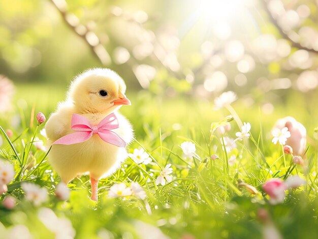 Chick with bow in green surroundings