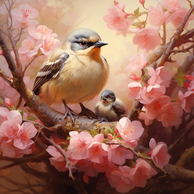 Chickadee and chick on a branch of a blooming cherry tree