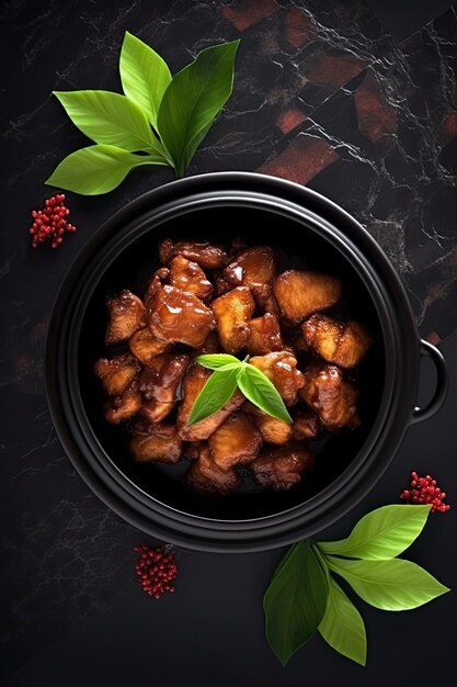 Photo chicken adobo meal on black stone surface background generative ai art