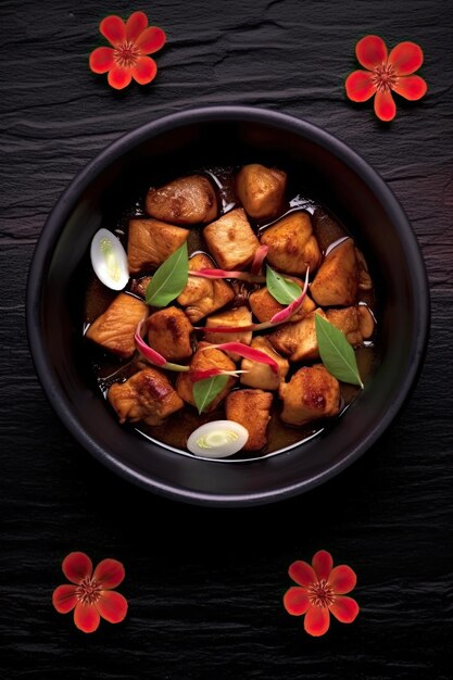 Photo chicken adobo meal on black stone surface background generative ai art