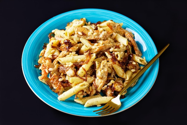 Chicken alfredo pasta penne with caramelized onion