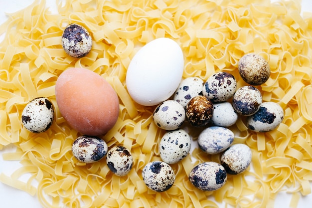 パスタ、家族の概念に巣の中の鶏とウズラの卵