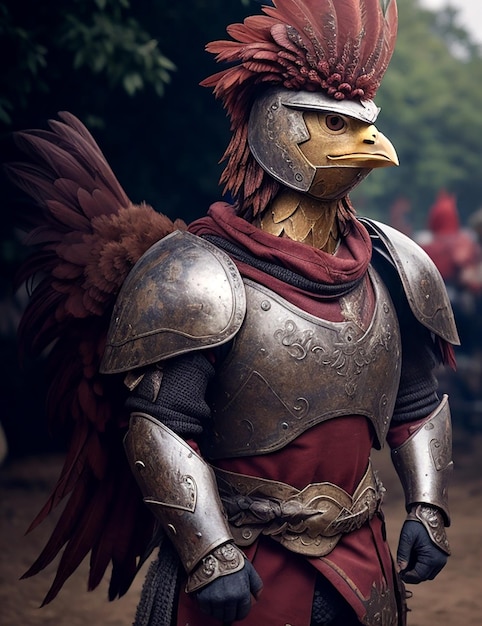 Chicken As a warrior with muscle in iron armor