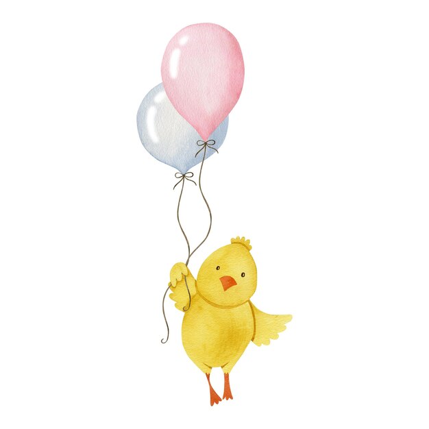 Chicken in a balloon watercolor illustration isolated on white background