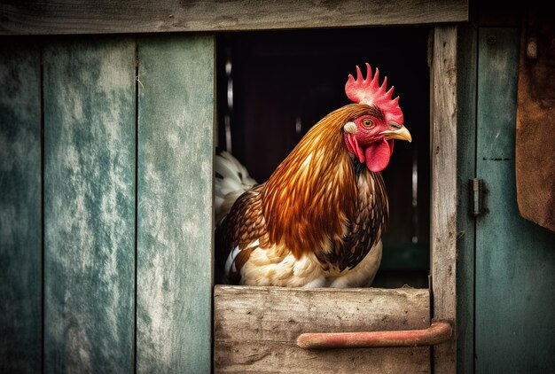 A chicken in a barn with a red comb