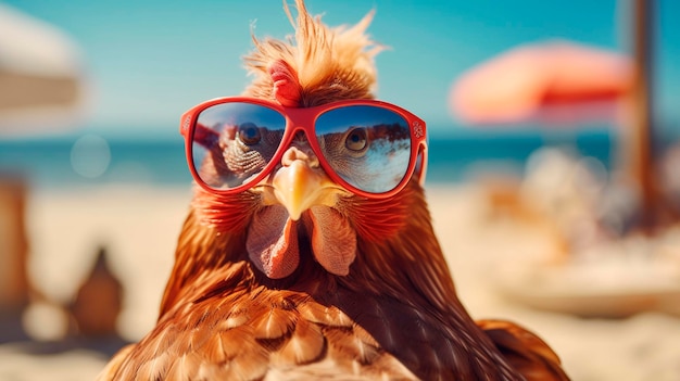 Photo chicken on the beach with glasses generative ai animal