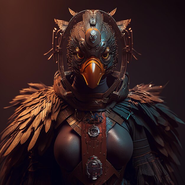 chicken bird in cyberpunk futuristic robotic metal ancient rustic armour outfits