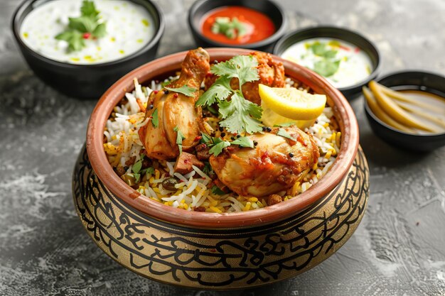 Photo chicken biriyani with jeera rice spices raitha and pickle