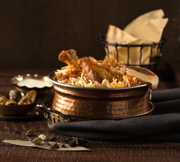 Chicken biriyani with raita and pickle served in a golden dish isolated on dark background side view