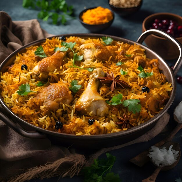 Chicken biryani chicken biryani with basmati rice and spices