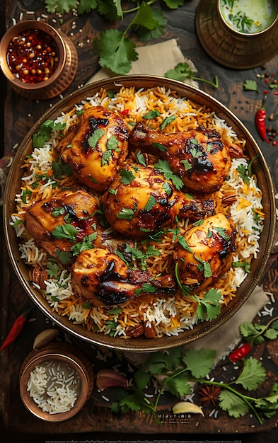 Постер куриного блюда Biryani с рисом Basmati и шафраном Wa Иллюстрация Еда Питье Индийские ароматы