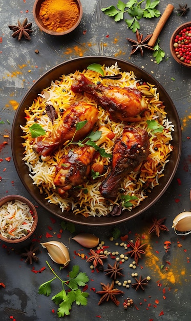 Постер куриного блюда Biryani с шафранными нитями и куриной иллюстрацией Еда Питье Индийские ароматы