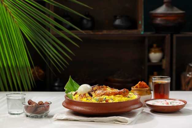 Chicken biryani  kerala style chicken dhum biriyani  arranged traditionally in an earthen ware