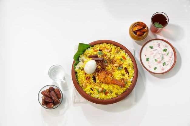 치킨 비리야니 케랄라 스타일 치킨 덤 비리야니가 토기에 전통적으로 배열되어 있습니다.