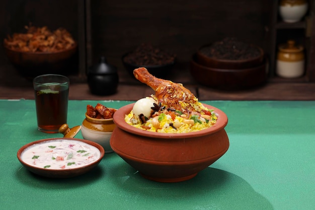 Chicken biryani  made using jeera rice and spices arranged in an earthenware