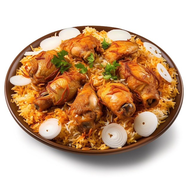 Chicken biryani on plate isolated on white background Delicious spicy biryani isolated