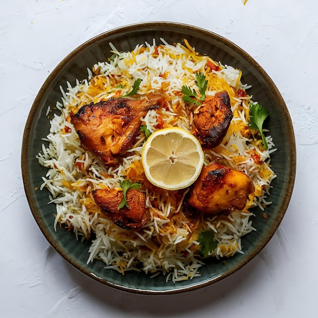 Photo chicken biryani served with fragrant steamed basmati rice a gourmet delight
