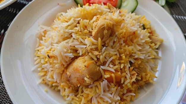 Chicken biryani on a white plate