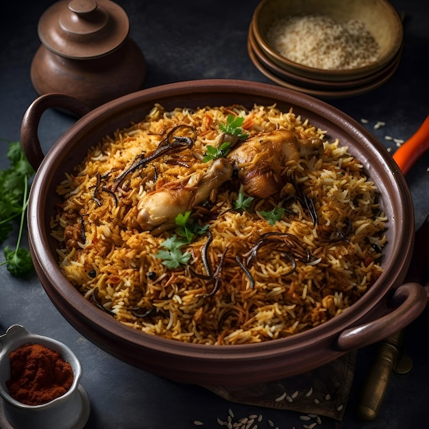 Chicken Biryani with basmati rice served in a clay pot