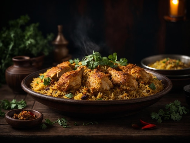 Chicken biryani with a bowl of rice and a bowl of food on the table