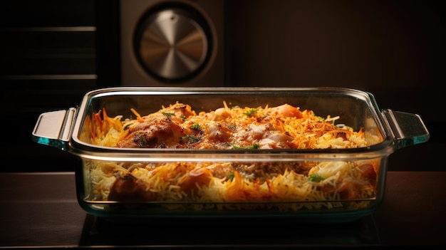 Chicken Biryani with rice and vegetables in the oven