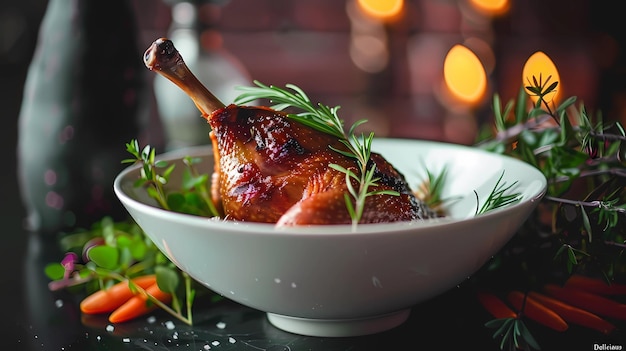 a chicken and a bowl of vegetables with a white bowl of carrots on the table