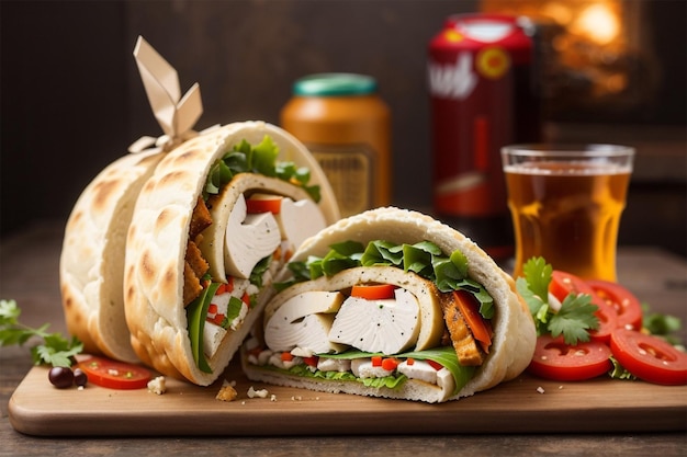 Chicken bread wrap roll fresh gourmet sandwich with meat and vegetables generated by Ai