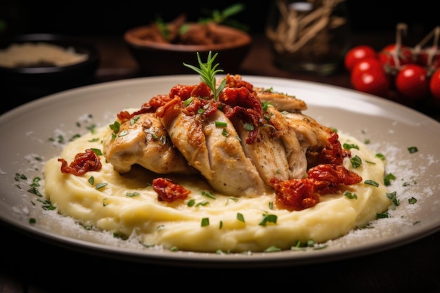 Piatto di petto di pollo con pomodori secchi, formaggio parmigiano con pori di patate