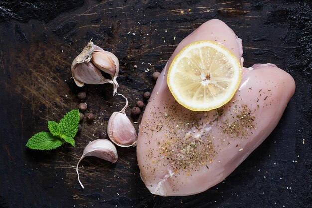 Chicken breast garlic lemon and herbs ingredients for cooking