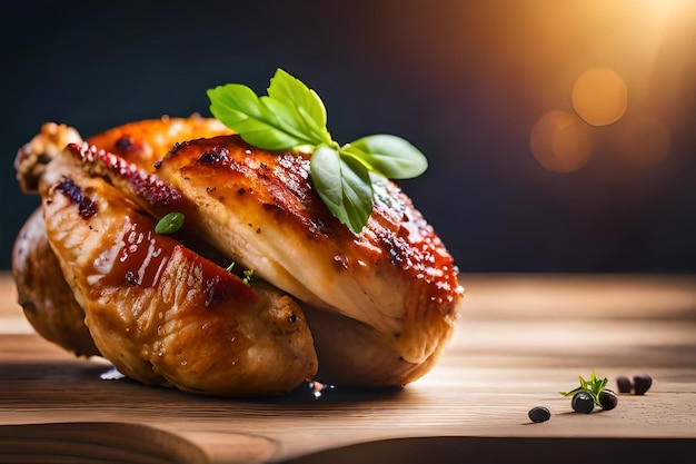 Foto un petto di pollo è su una tavola da taglio con una foglia verde su di esso