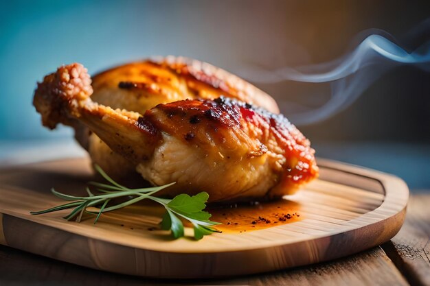 a chicken breast is on a wooden board with a green leaf