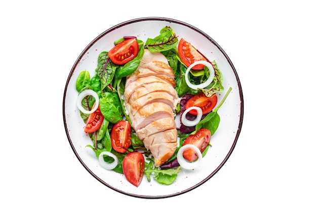 chicken breast salad Easter salad vegetable tomato onion green mix leaves lettuce keto or paleo