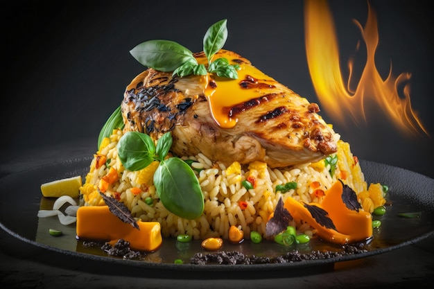 Chicken breasts with rice and vegetables Generative AI