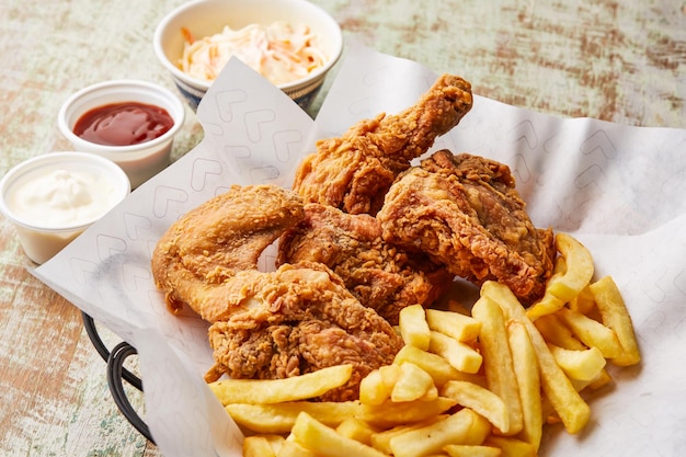 chicken broasted with french fries chili sauce and mayo dip served in dish isolated on table top view of arabic food