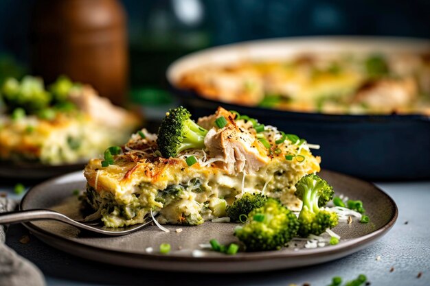 A chicken broccoli rice casserole is served on a plate