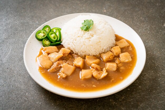 Chicken in brown sauce or gravy sauce with rice - Asian food style