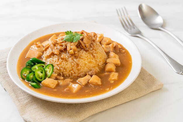 Chicken in brown sauce or gravy sauce with rice - Asian food style