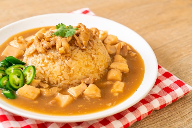 Chicken in brown sauce or gravy sauce with rice